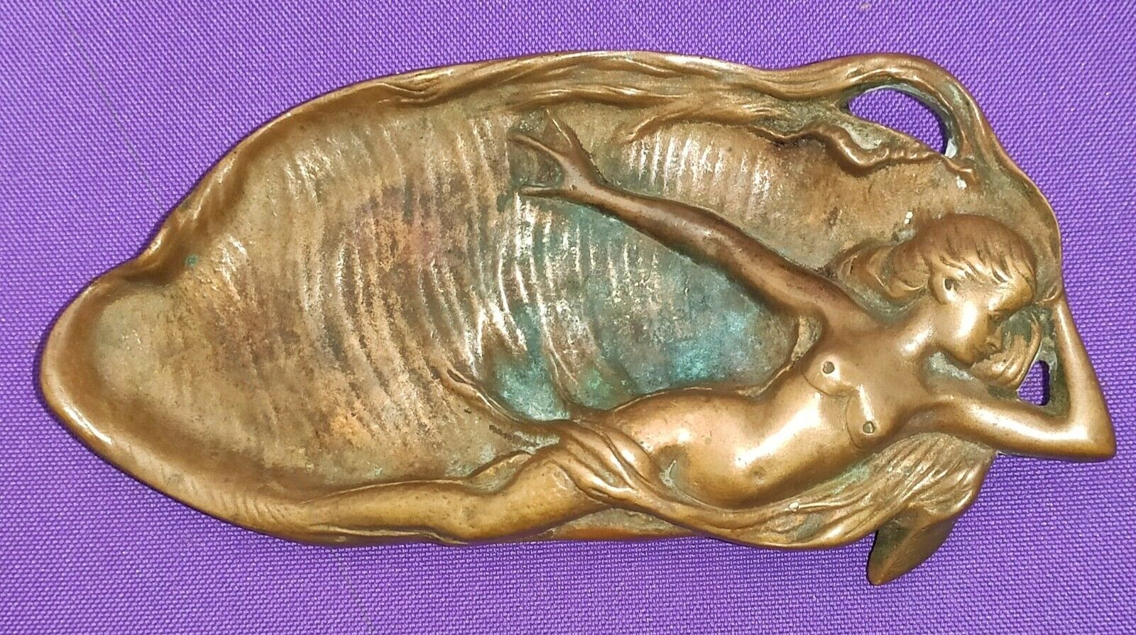 Vintage Art Nouveau Brass Mermaid Nude Woman Dish Trinket Tray 6¾\