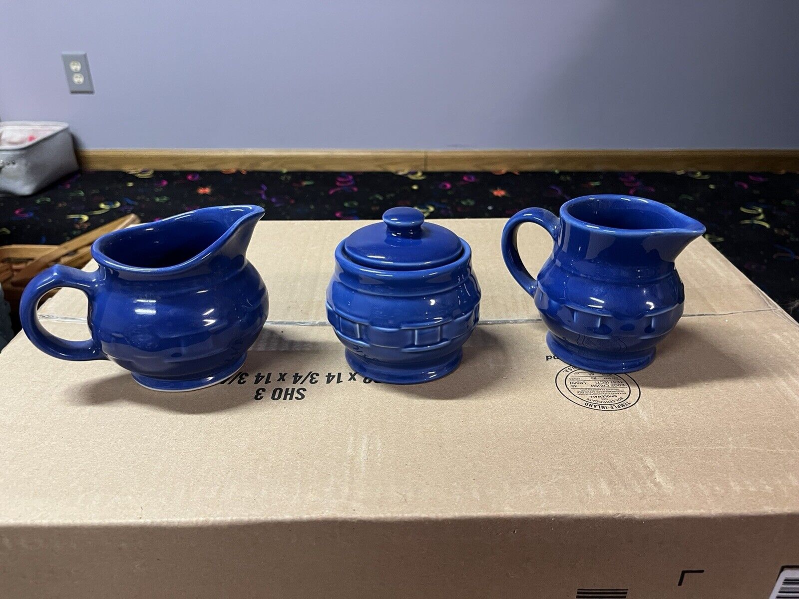 Longaberger Pottery Woven  Cornflower Blue Sugar Bowl with Lid And 2 Creamers
