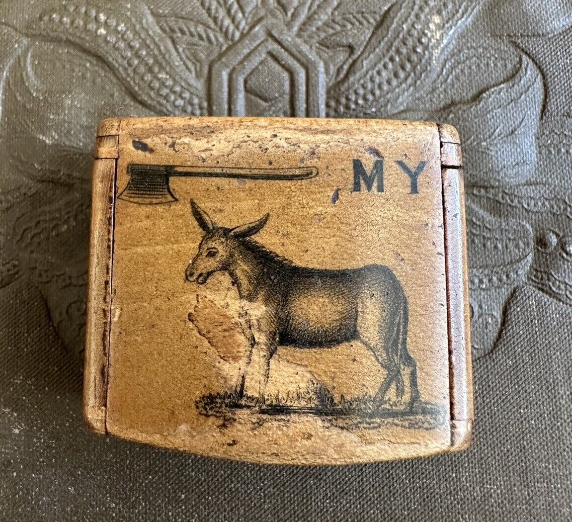 Antique 19th century Georgian English ‘Axe my Donkey’ wooden treen snuff box