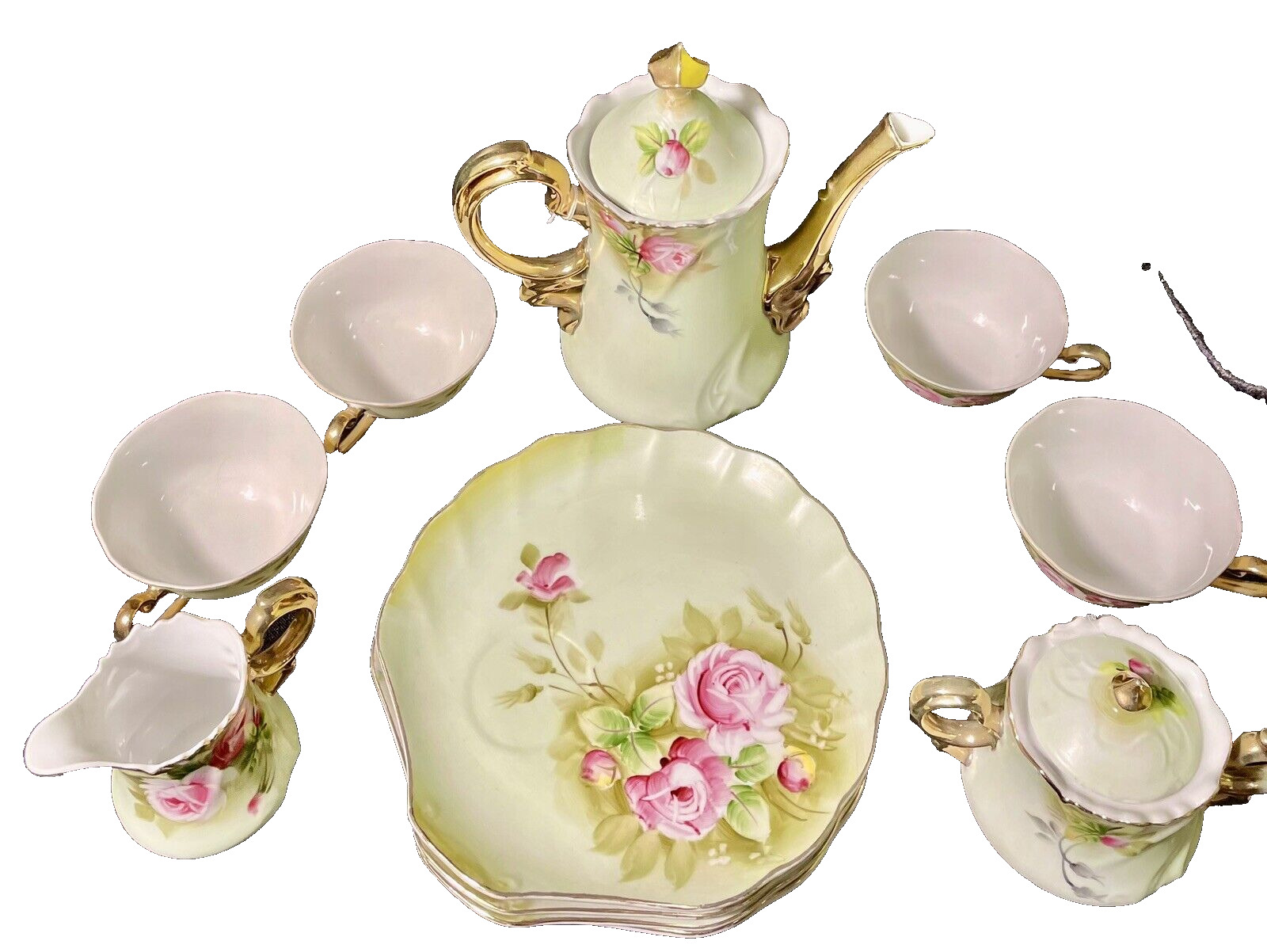 Lefton Tea Coffee Set With Cups Creamer Sugar Bowl  Green & Pink Rose Vintage