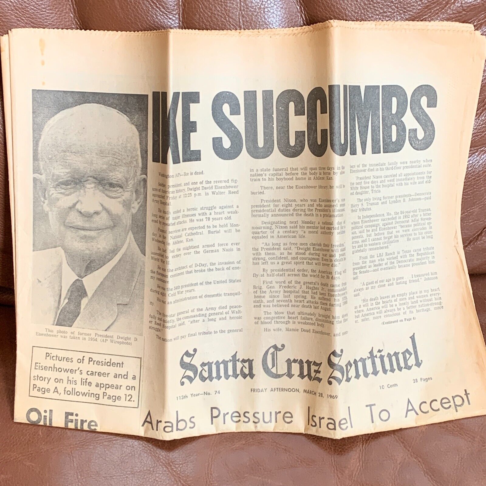 Santa Cruz Sentinel 3-28-1969 IKE Dwight Eisenhower Death FULL NEWSPAPER Paper