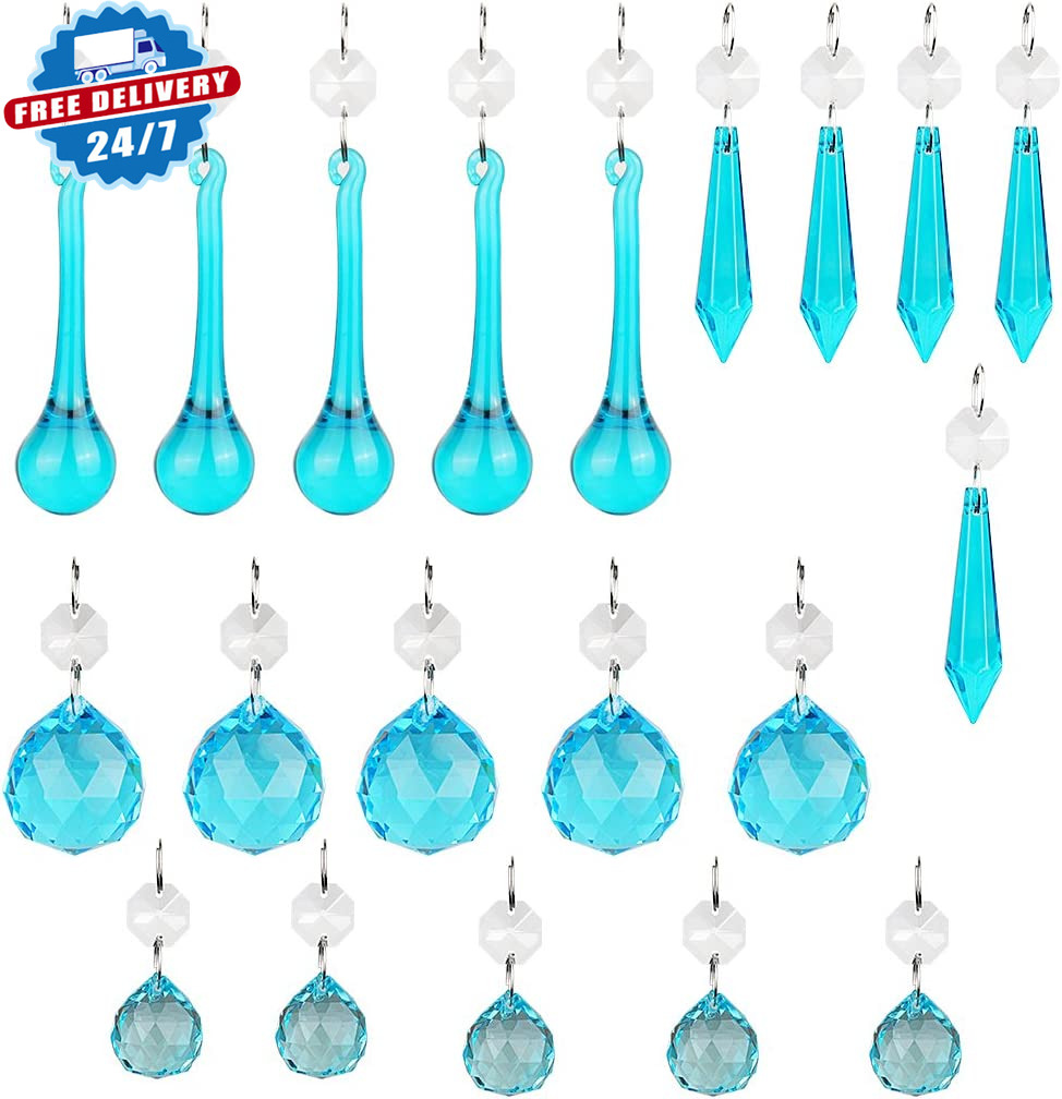 H&D 20PCS Blue Glass Crystal Teardrop Chandelier Prisms Parts Hanging Glass New