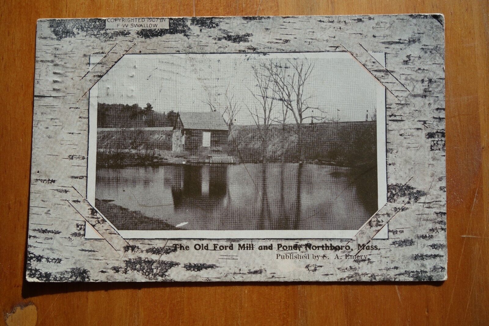 Old Ford Mill and Pond, Northboro MA postcard pmk 1908 birch bark frame