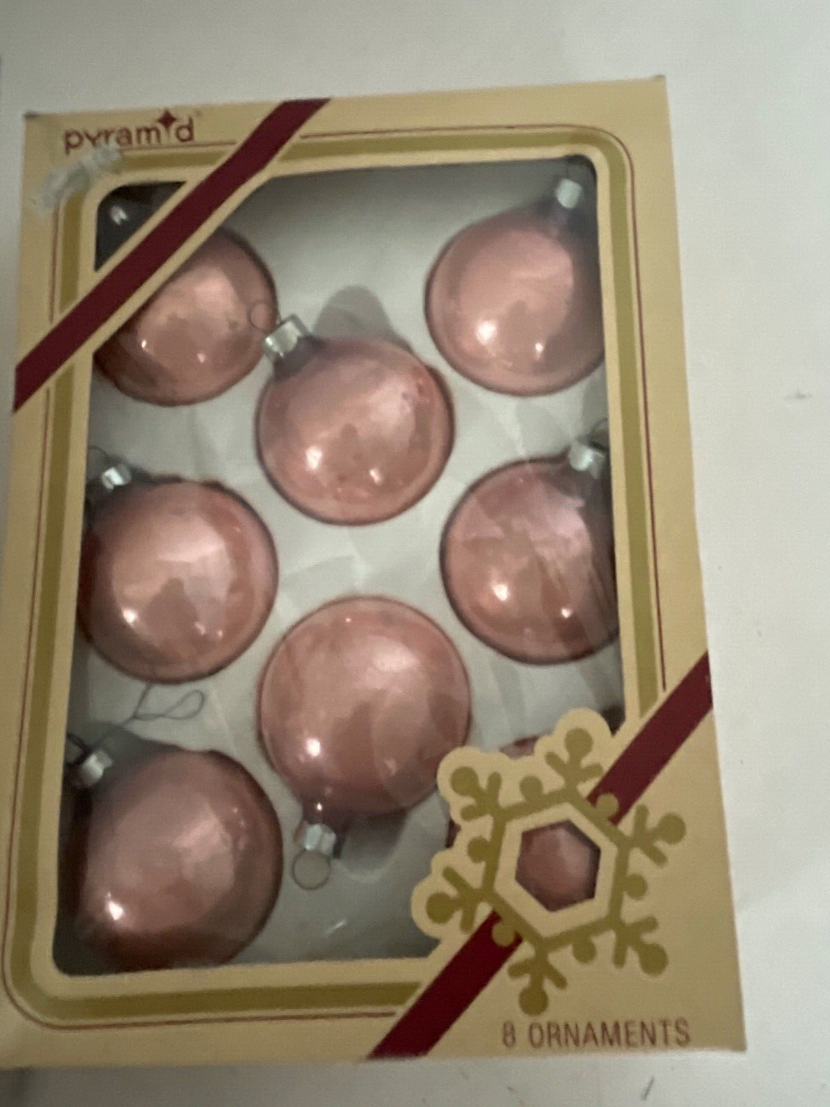 SET of 8 Pyramid Rauch Satin Sheen  Pink glass round Christmas ornament  VINTAGE