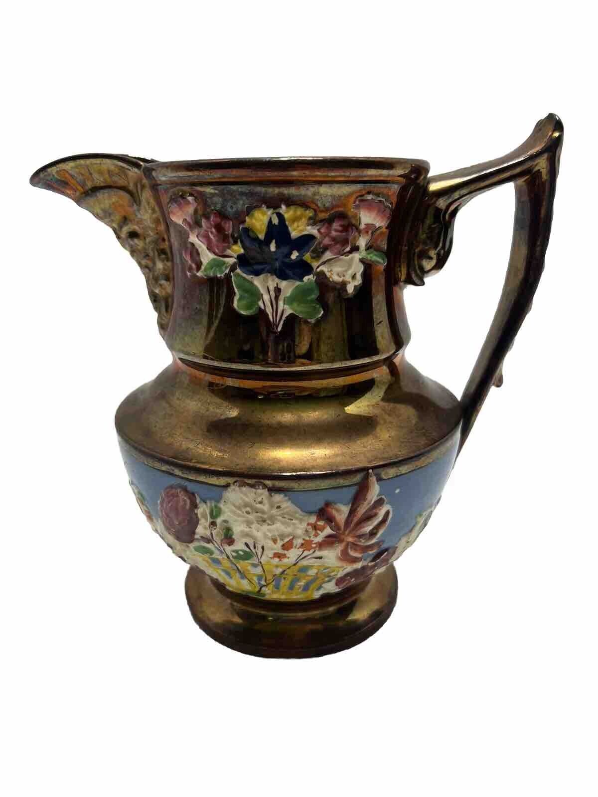 Antique English Copper Lustre Jug with Mask Spout Dolphin Handle & Flowers