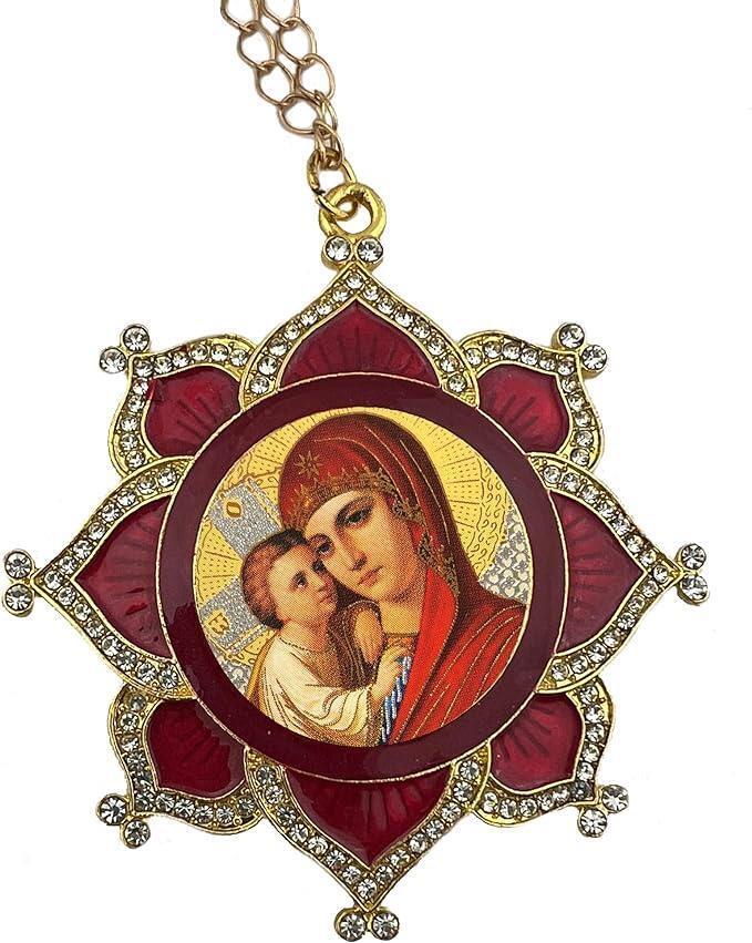 Ornate Our Lady of Pochaev Child Icon in Hanging Floral Enamel Frame 5.5 In