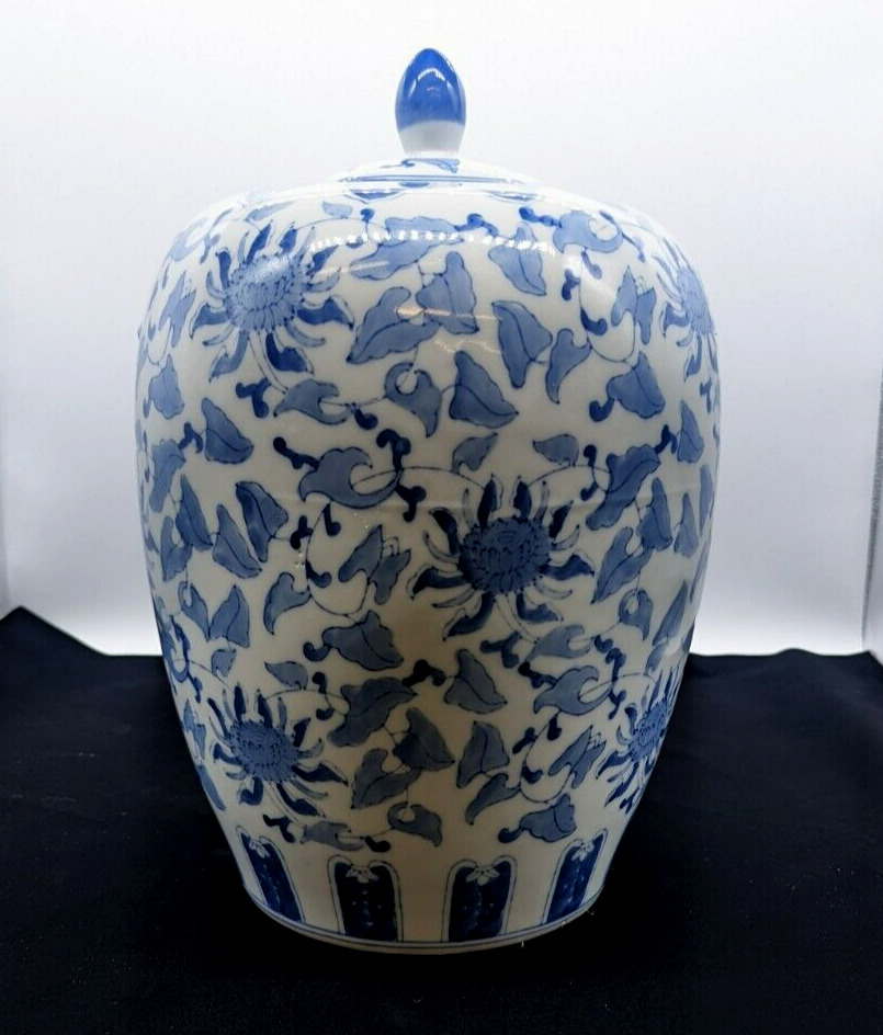 Large Blue & White 14” Porcelain Ginger Jar Hand Painted Sun Flower