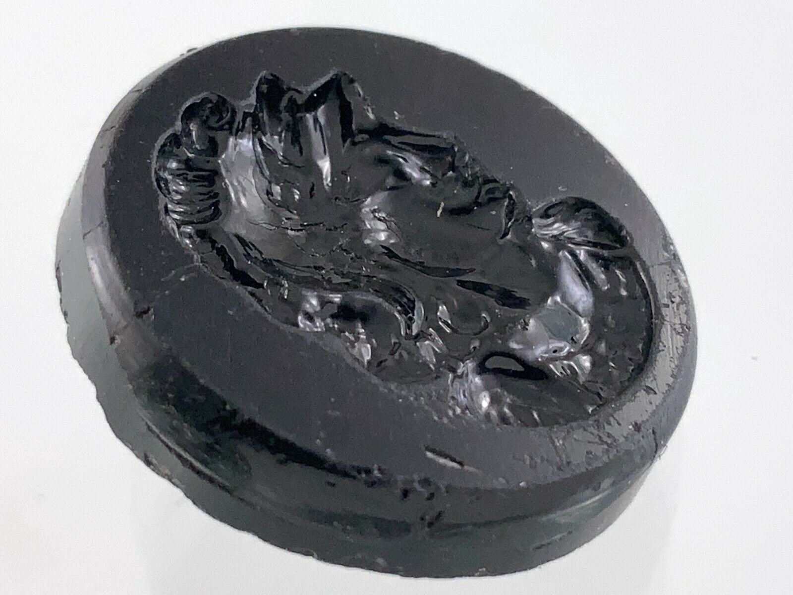 Victoria Black Glass Jet Button .6in Knight Wax Seal Relief Pattern 285B