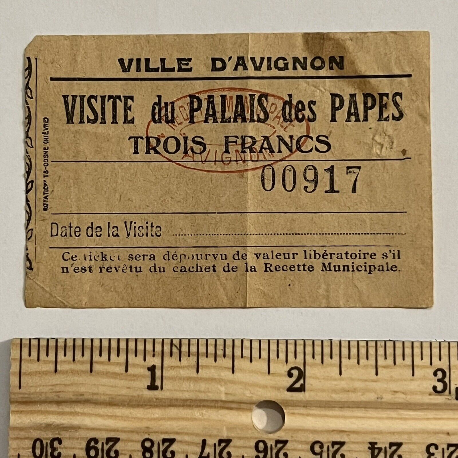 ANTIQUE USED TICKET TO THE PALAIS DES PAPES POPE'S PALACE IN AVIGNON #00917