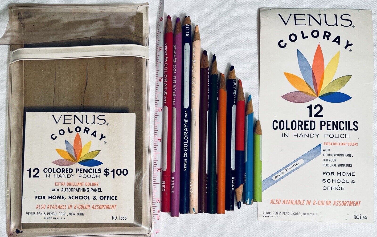 Vintage Venus Coloray 12 Colored Pencils No. 1565 Original Pouch 1 Missing Used