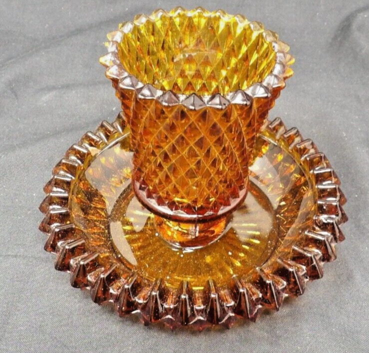 Vintage Retro Amber Diamond Pattern Glass Votive Tealight Candle Holder 4\