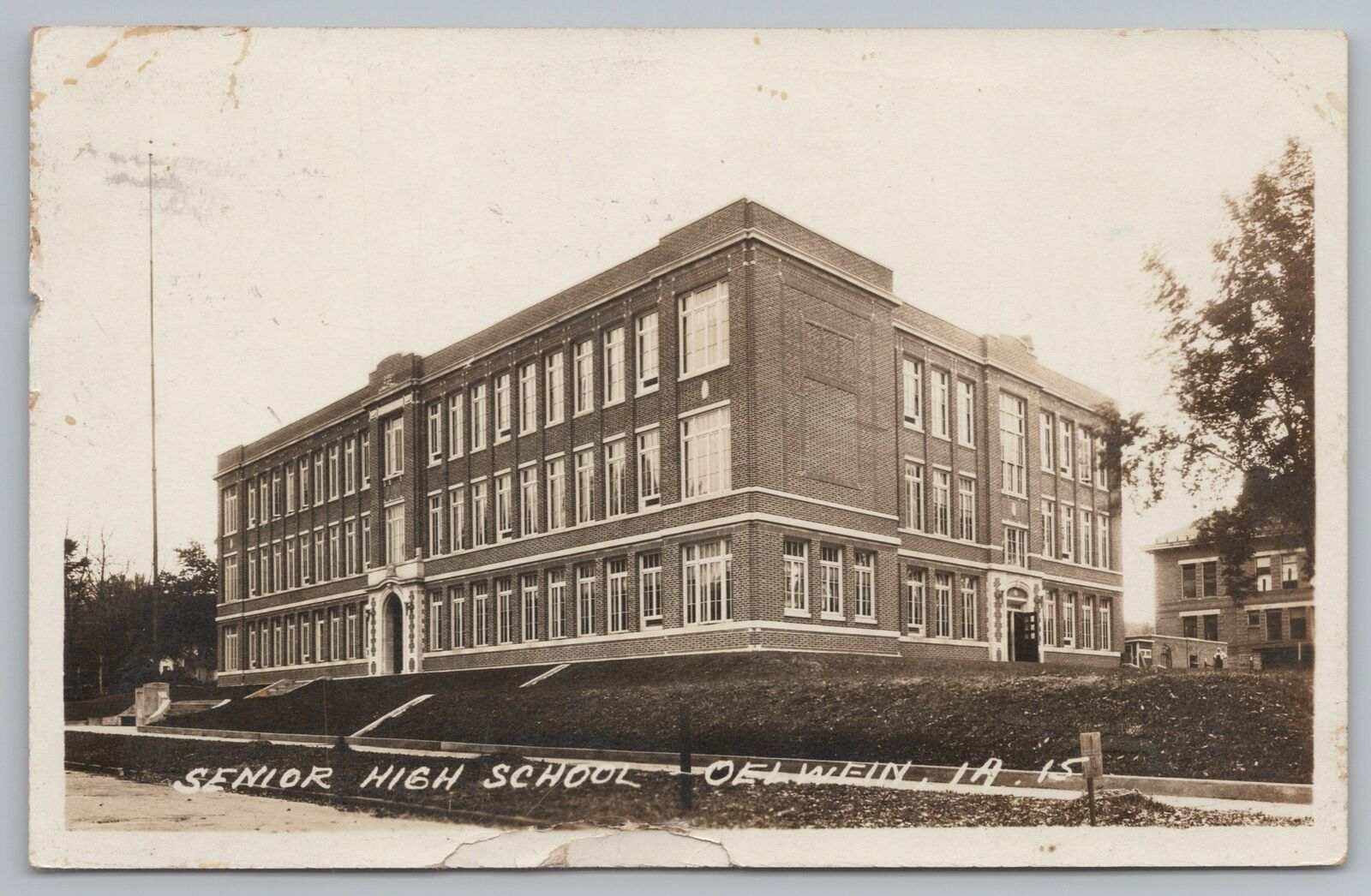 Oelwein Iowa~Senior High School~3 Story Brick~Door Open~1928 RPPC