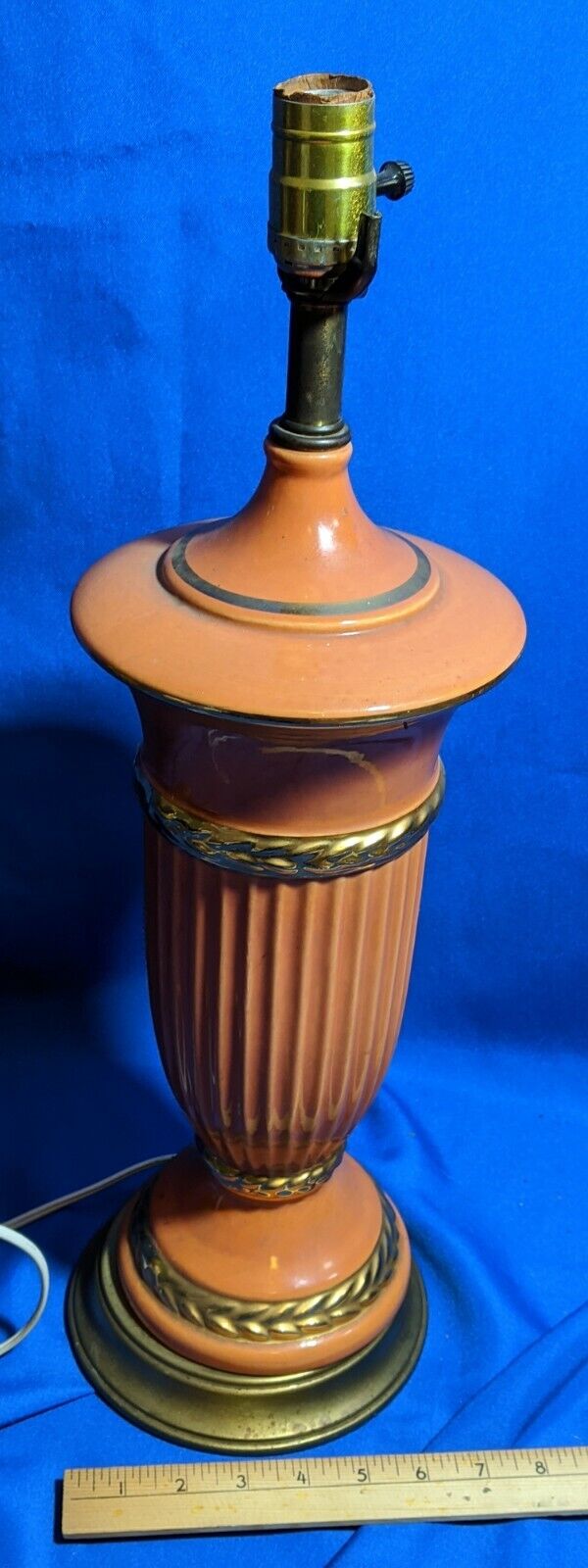 Antique-VTG Pink Gold Porcelain Lamp Mid Century-Art Deco-Regency Brass Base 22\