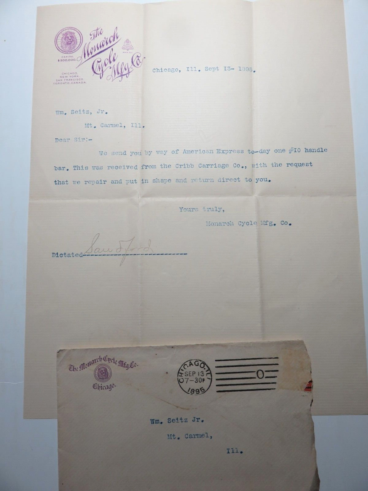 1895 Monarch Cycle Mfg. Co. Letter w/Original Envelope