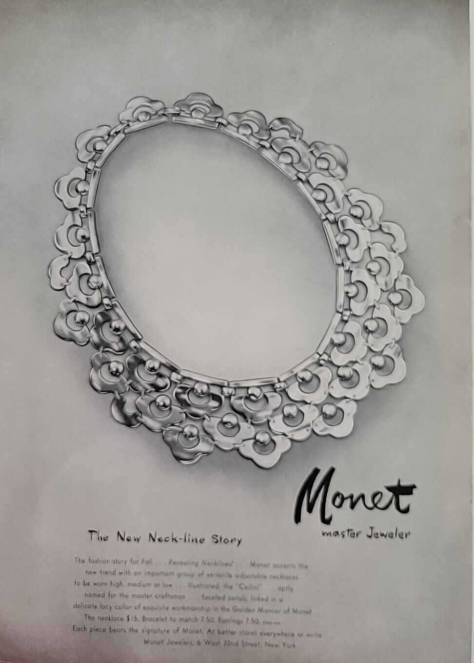 1952 Monet Master Jeweler Neck-line Story Necklace Jewelry vintage  ad