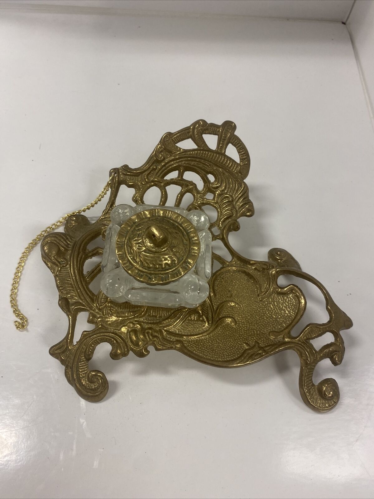 Ornate Bronze Brass VINTAGE With Glass Pen Holder Desk Inkwell