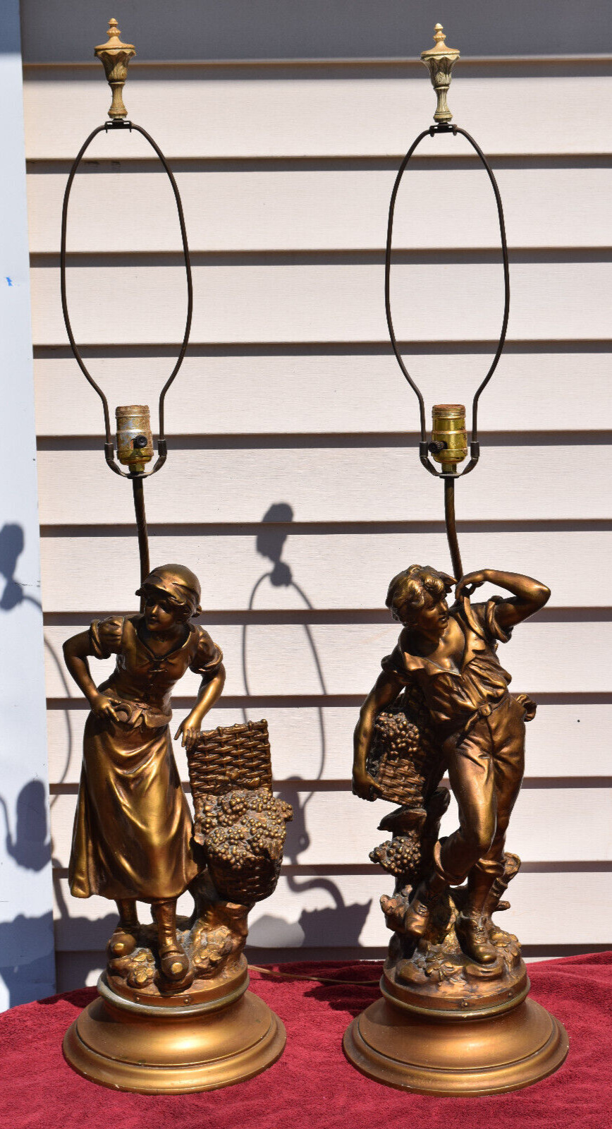 Vintage Pair L&F Moreau  Art Nouveau Brass Spelter Lamps Collection Francaise