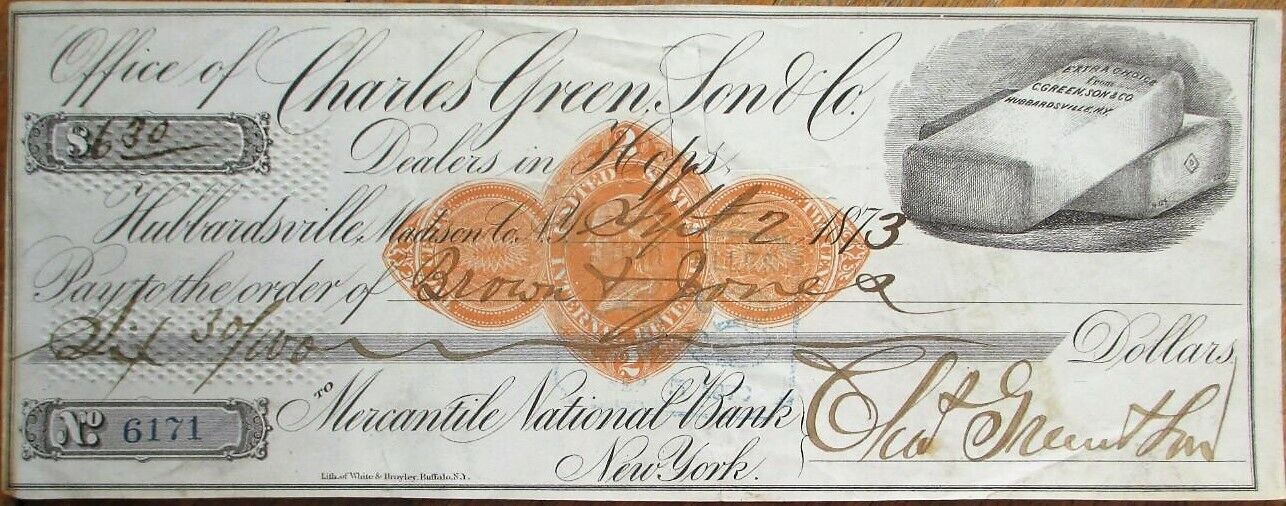Hubbardsville, NY 1873 Bank Check: Charles Green Hops Dealer - Imprinted Revenue