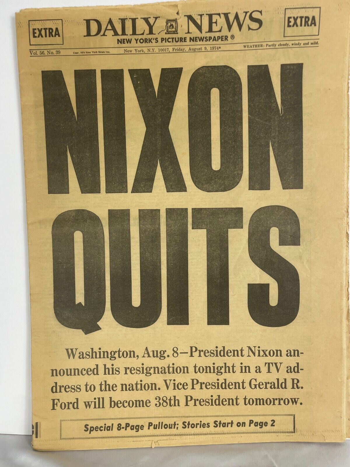 NIXON QUITS - New York Daily News Extra Edition Announcing Nixon\'s Resignation