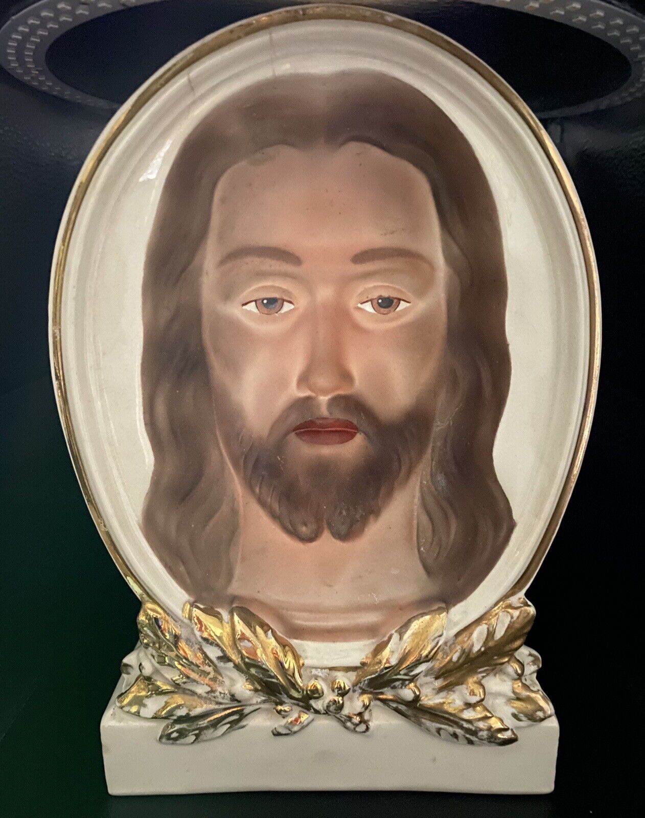 Vtg Concave Porcelain Jesus, Wonder Art, Inc NYC, Following Eyes, Gold Accents