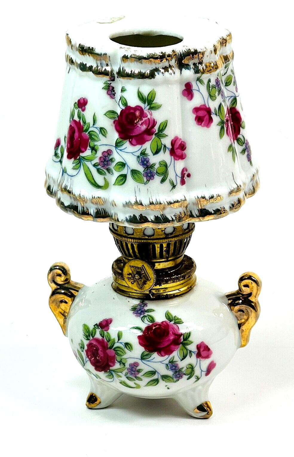Mini Oil Lamp Floral Designed Porcelain with Brass Mechanism Painted Gold Accent