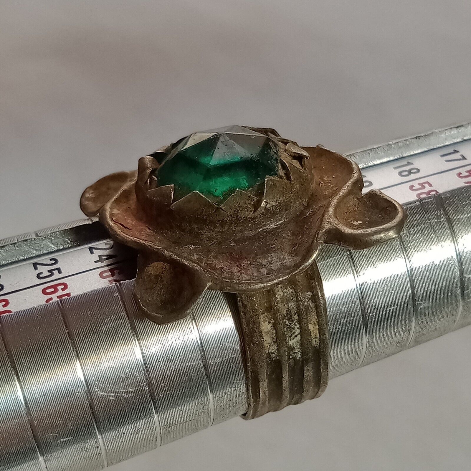 Ancient Old Victorian Silver Vintage Ring With Natural Green Stone Rare Amazing