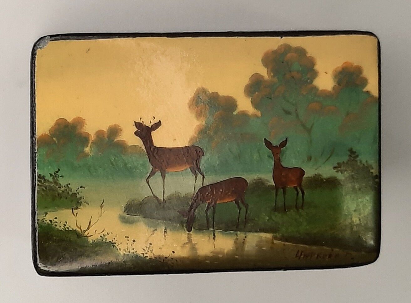 Vintage Signed Russian Fedoskino Style Hand Painted Deer Landscape Wood Box