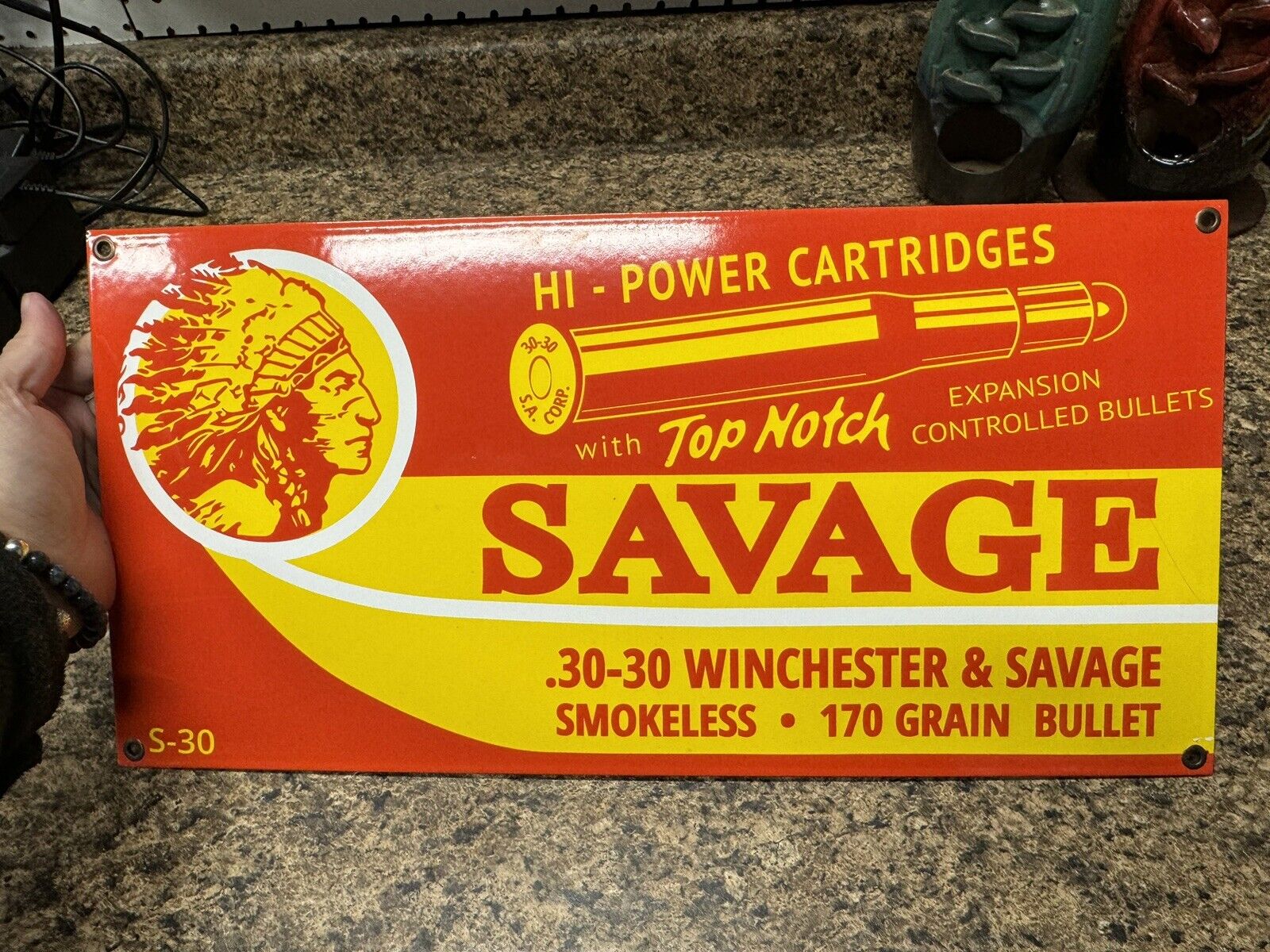 Savage Ammo Gun Sign Porcelain Steel .30 Winchester Rifle Bullet Hunting Indian