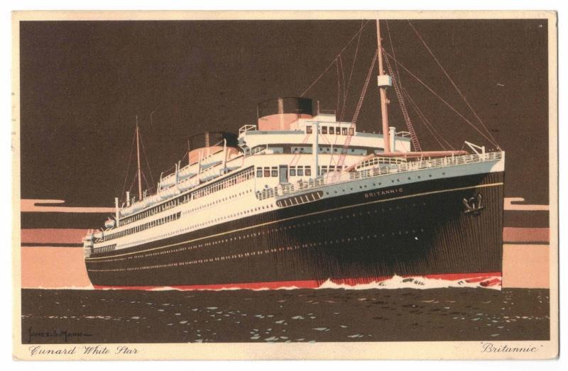 M.V. Britannic Cunard White Star Post Card. Posted 2/23/1939 Mailed On Board