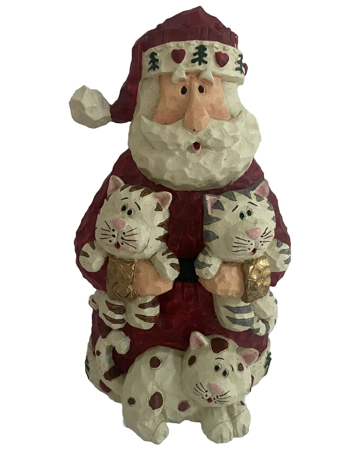 Santa Claus Holding CATS carved resin Figurine Vintage Christmas Decor 7 in