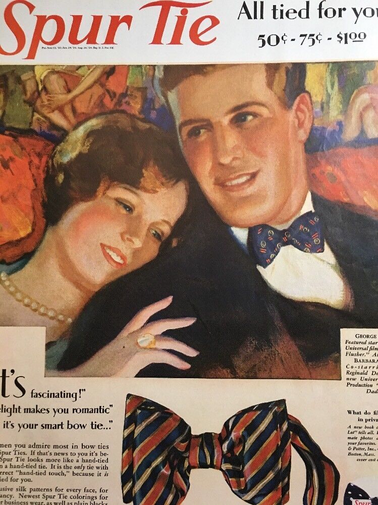 1928 Spur Bow Tie Color Print Ad George Lewis Barbara Kent Men\'s Fashion