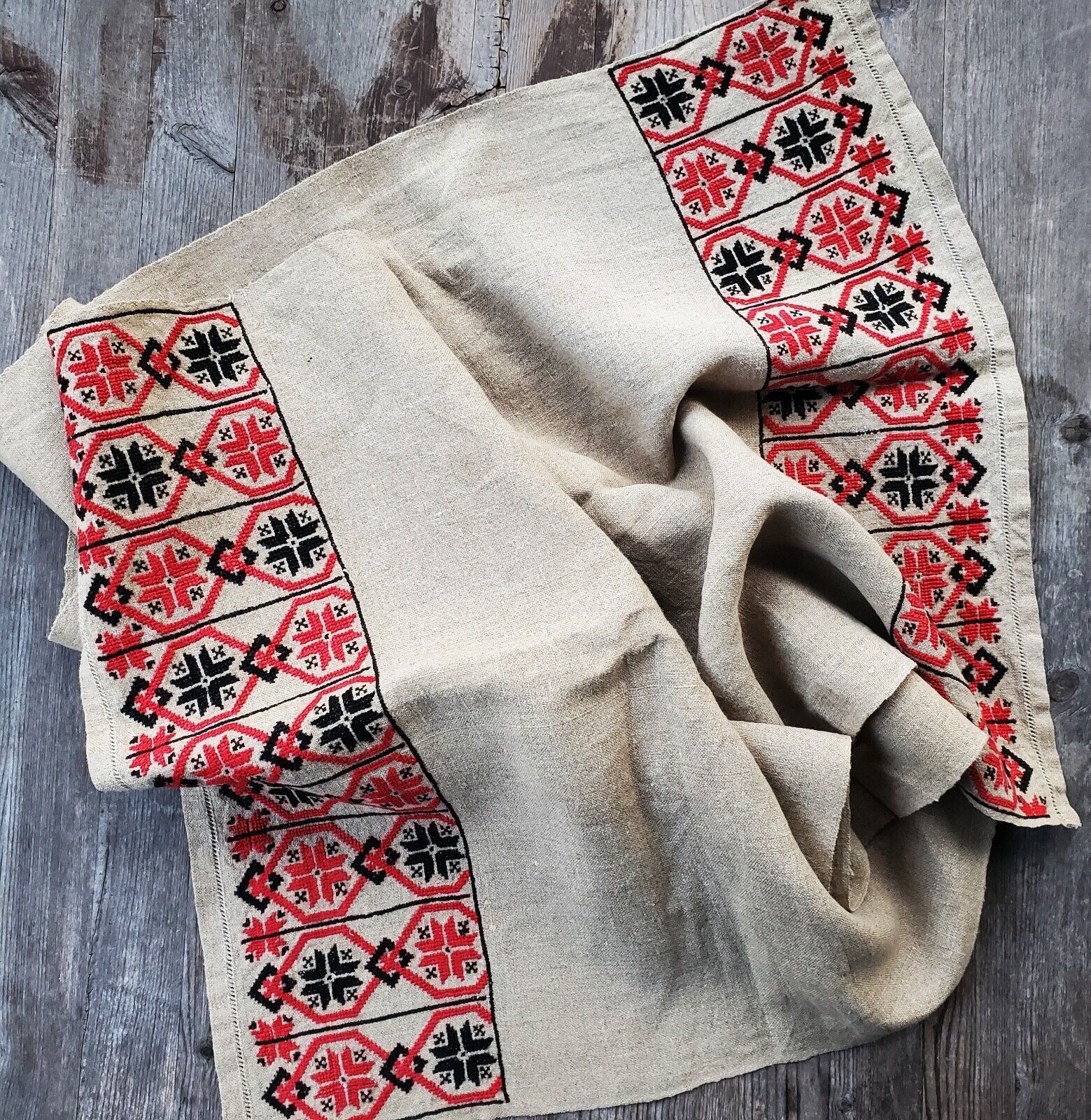 Vintage Handmade Eastern European Linen Runner Folk Art Embroidery