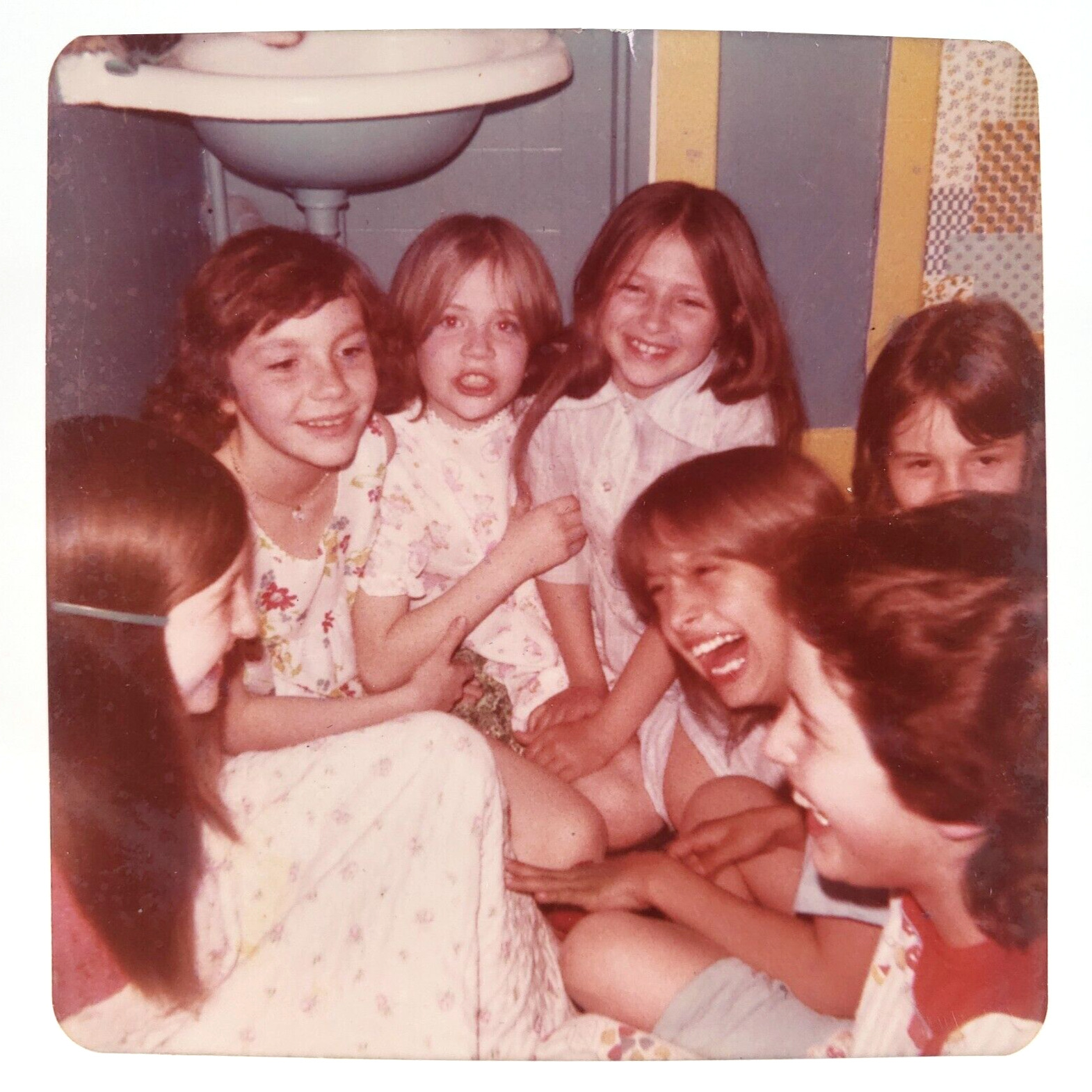 Girl Group Laughing Loud Photo 1970s Vintage Found Square Color Snapshot B3435