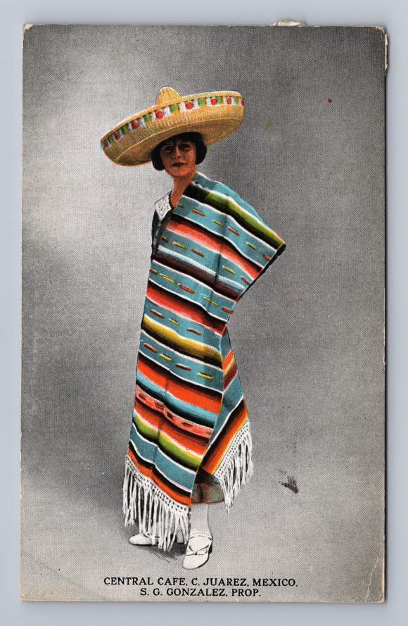 Sombrero Woman JUAREZ Mexico Central Cafe Advertising Postcard 1928