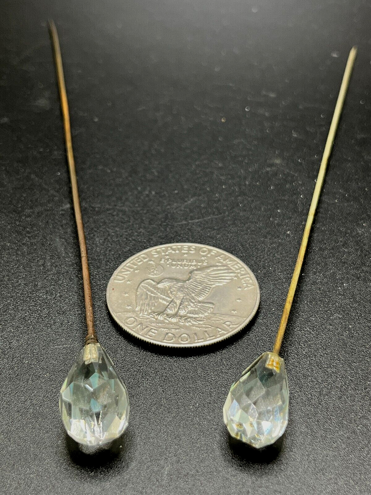 (2) Antique Edwardian Clear Faceted Teardrop Crystal Glass Hatpin 7.5\