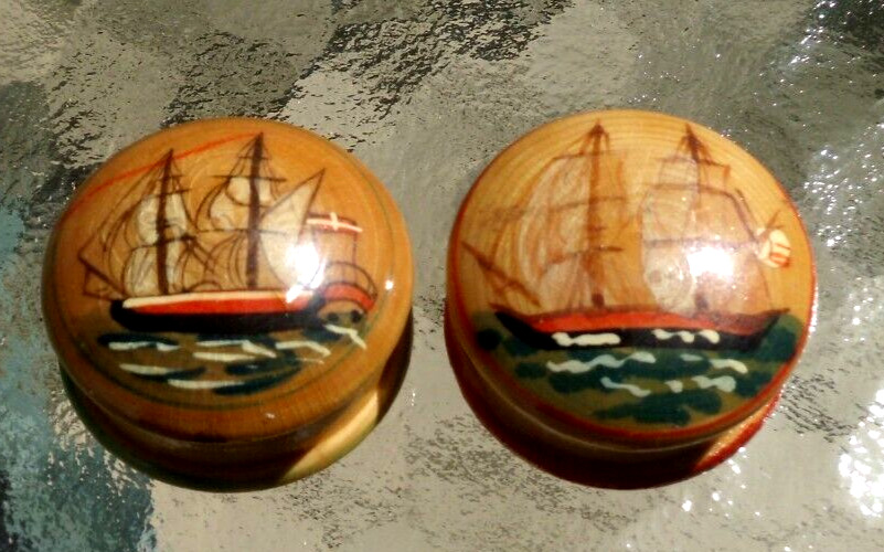 2-Vintage Mini Turned Wood  Hand Painted Sailing Ships on Lid TRINKET CONTAINERS