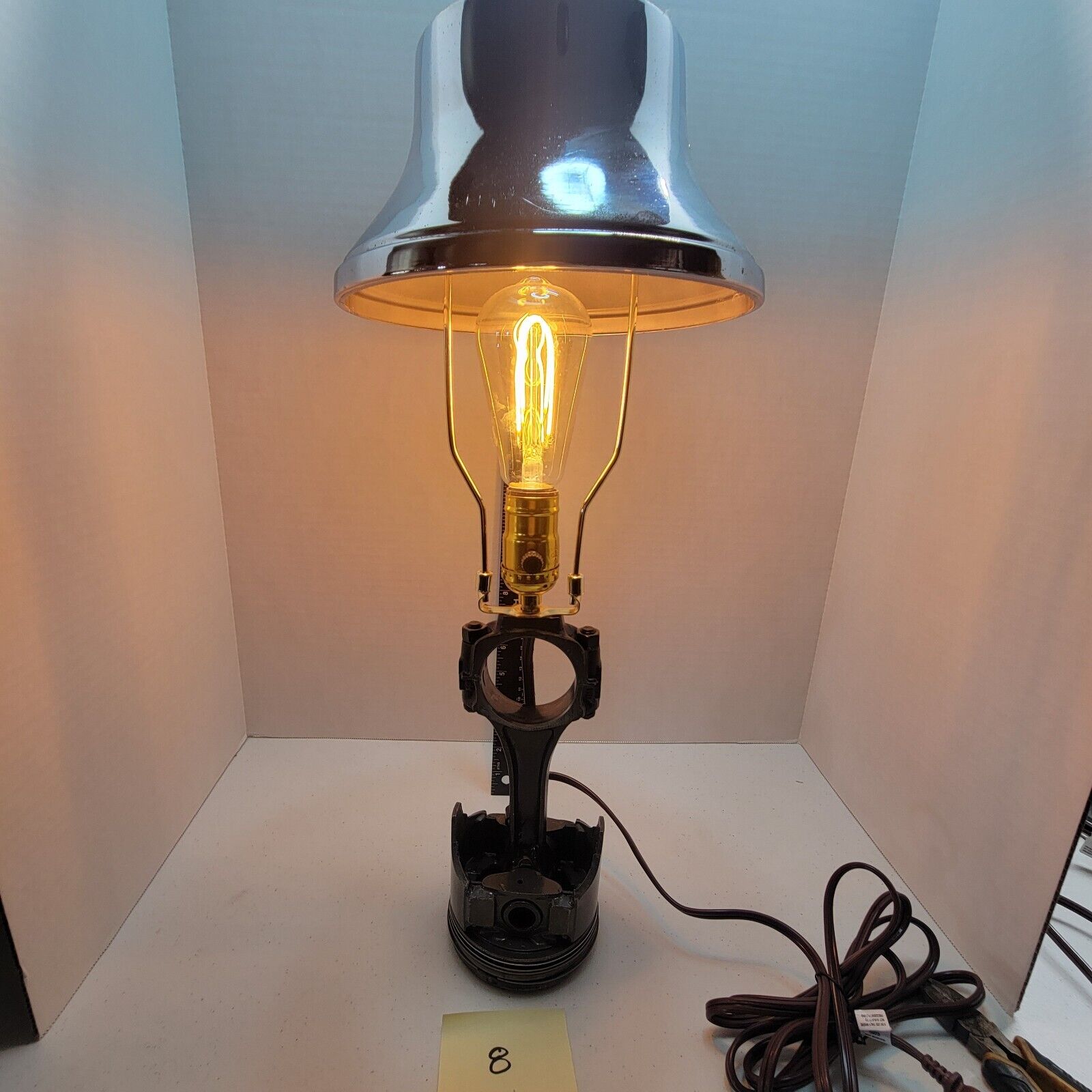 REPURPOSED LAMP made from a Buick piston & rod w/ chrome velocity stack shade