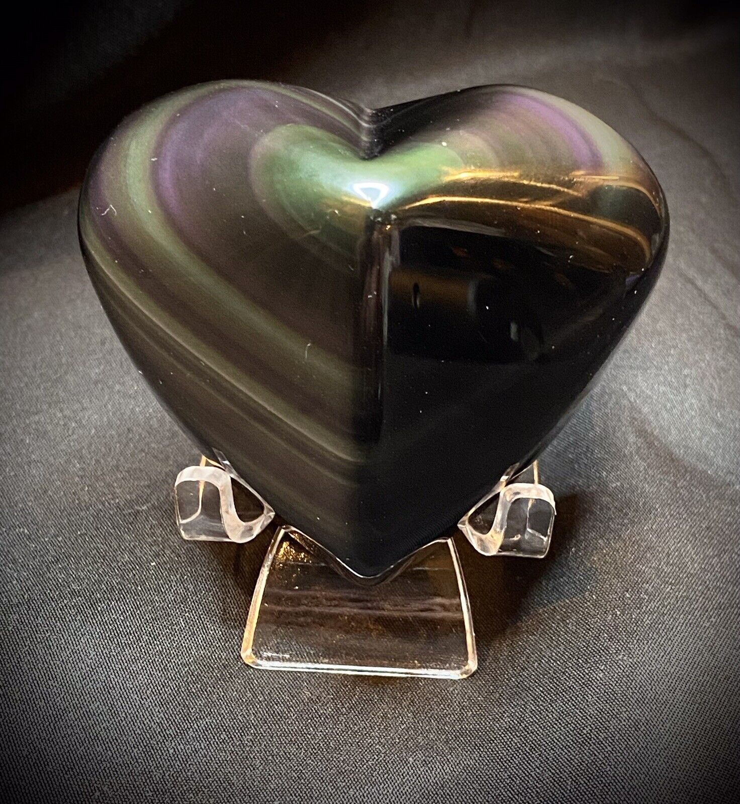 Large Flashy Rainbow Obsidian Pyramid Heart With Stand 179 Grams