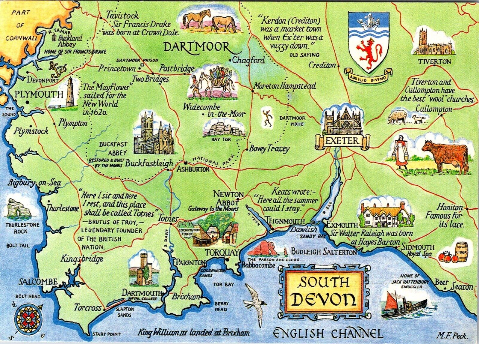 Vintage South Devon Map Postcard, Exeter, Plymouth, Dartmoor, Torquay C6W