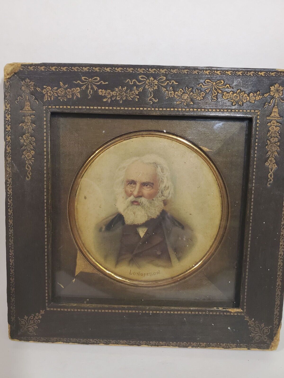 Early 20th Century Photo Longfellow in Leather Frame