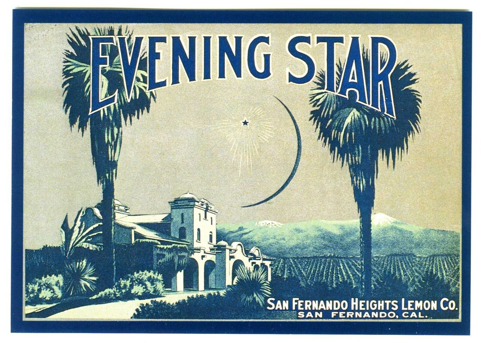 EVENING STAR~CALIFORNIA MISSION~FRUIT CRATE LABEL NEW 1983 HISTORICAL POSTCARD