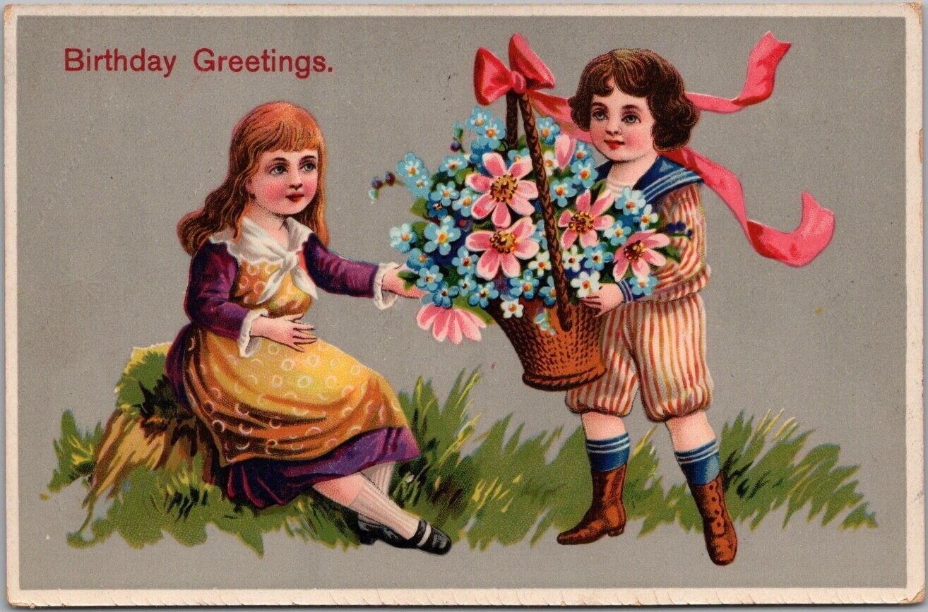 Vintage 1912 BIRTHDAY GREETINGS Gel Postcard Boy & Girl / Basket of Flowers