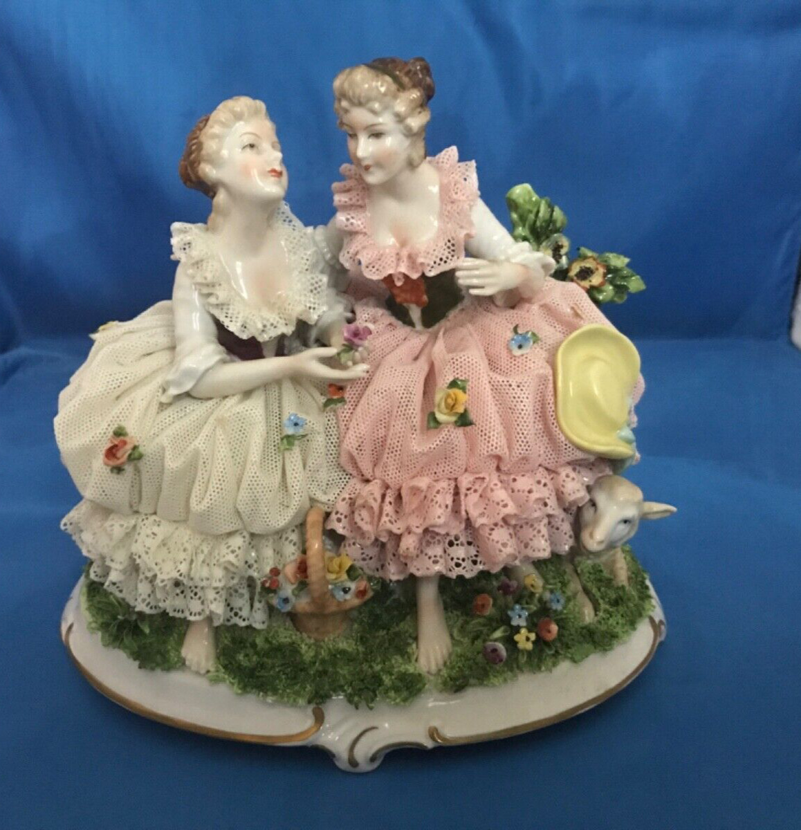 Unter Weiss Bach Dresden Lace Doll Porcelain Figurine German 2  Girls with Sheep