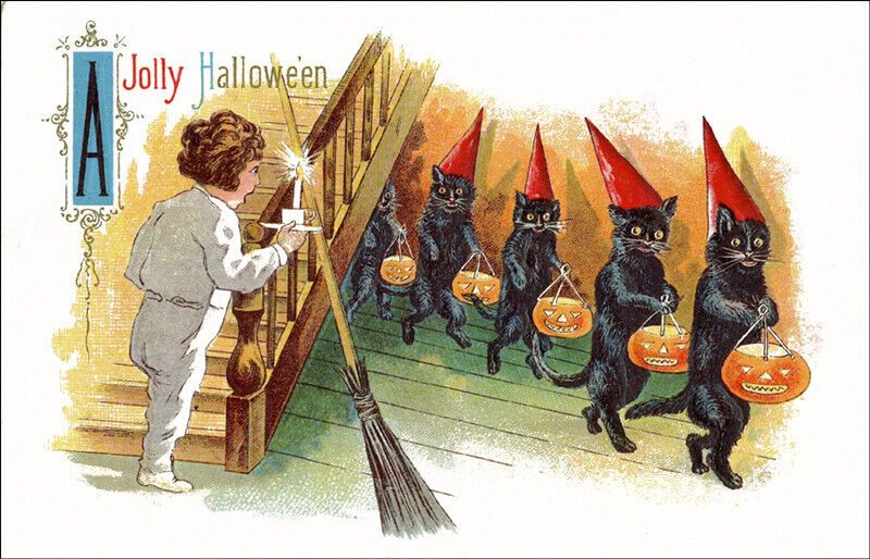 Vintage Postcard REPRODUCTION Halloween Pumpkin Black Cats with Red Hats NEW