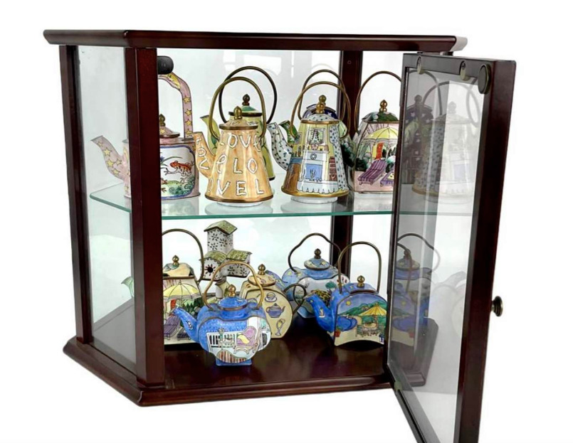 12 miniature Cloisonné Teapots in Display Case
