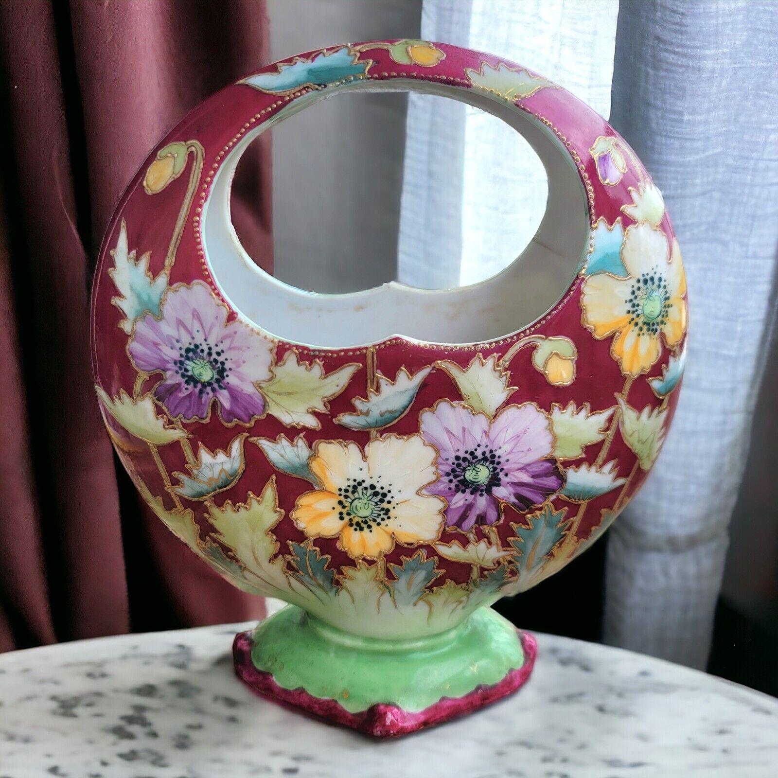 Antique Porcelain Moon Basket Vase Hand Painted Flowers Gold Trim RARE