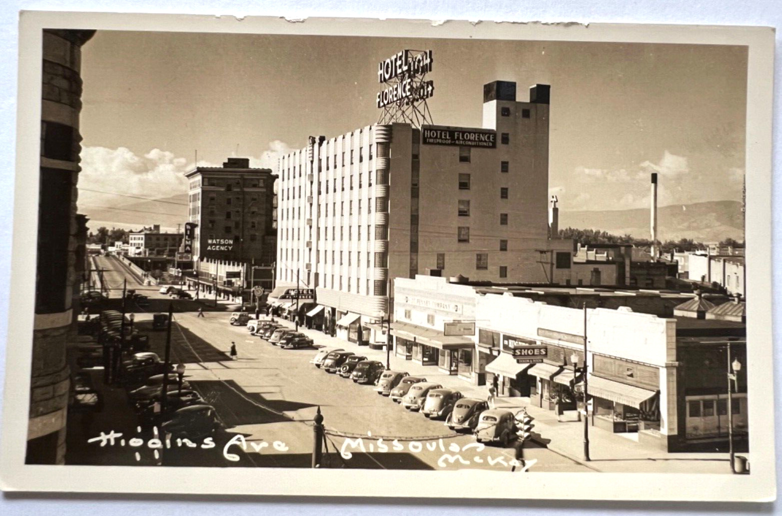 RPPC Street View Higgins Avenue Missoula, Wisconsin 1930\'s Florence Hotel B1