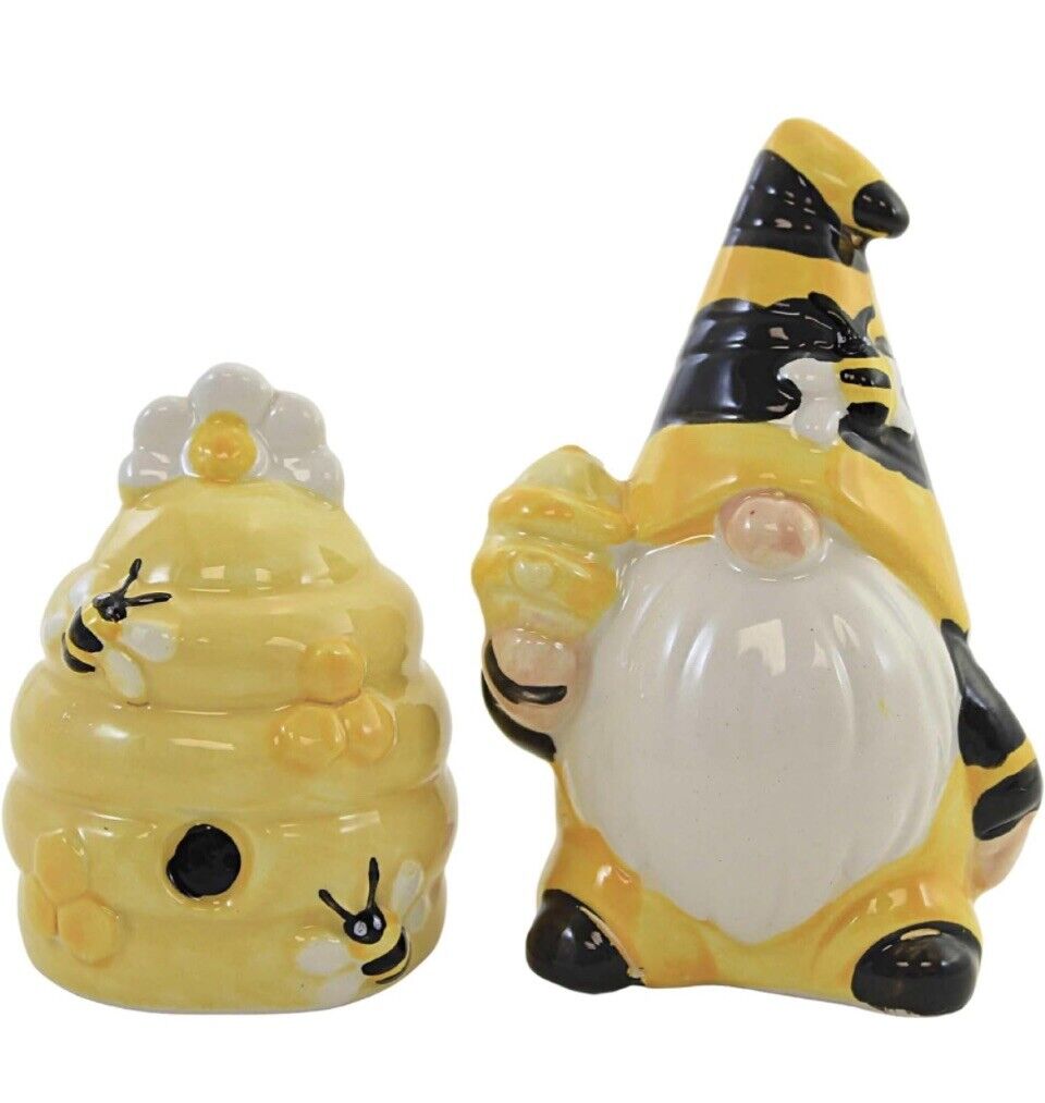 Honey Bee Gnome and Beehive Salt and Pepper Shakers