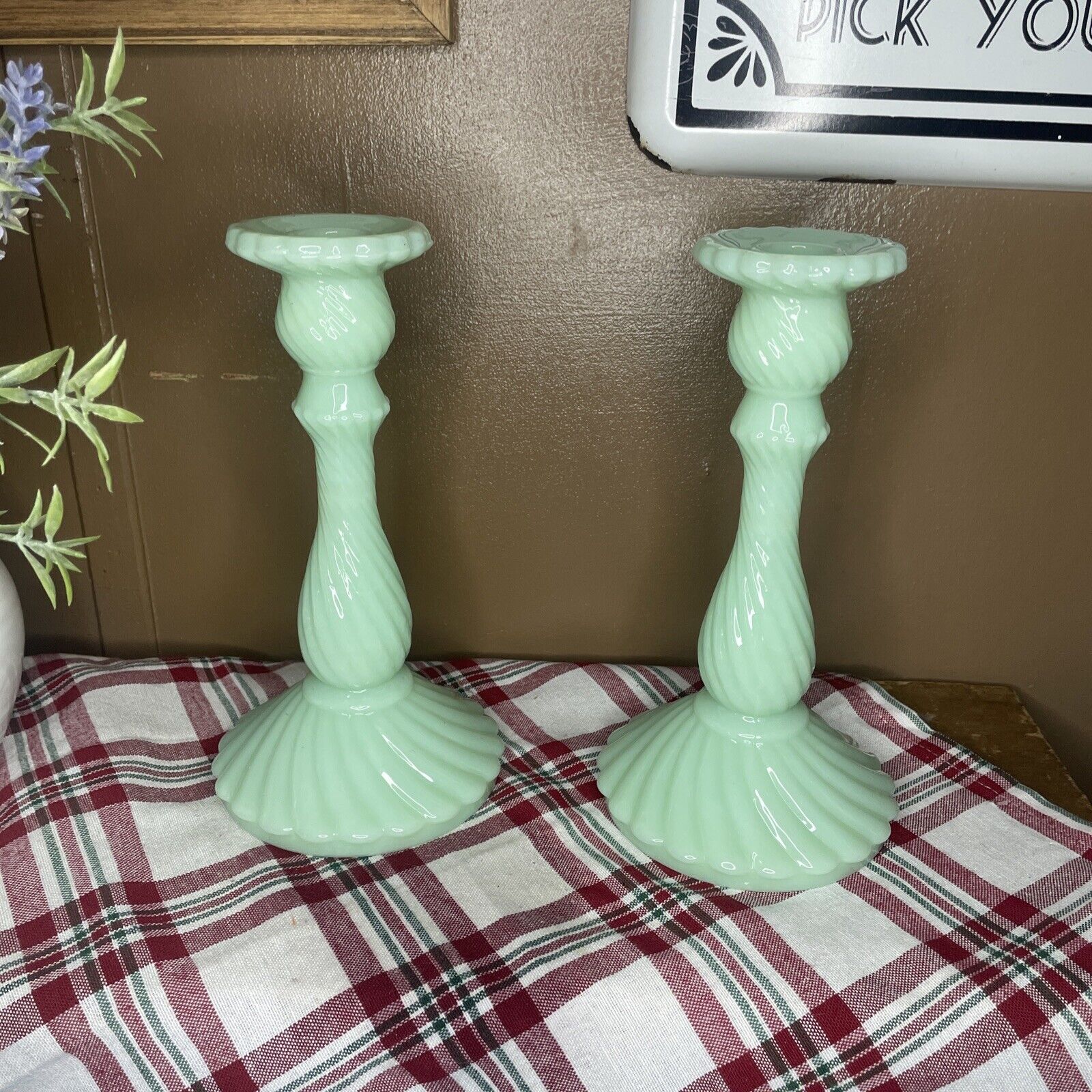 Green Glass  Candlestick Holders Set Of 2