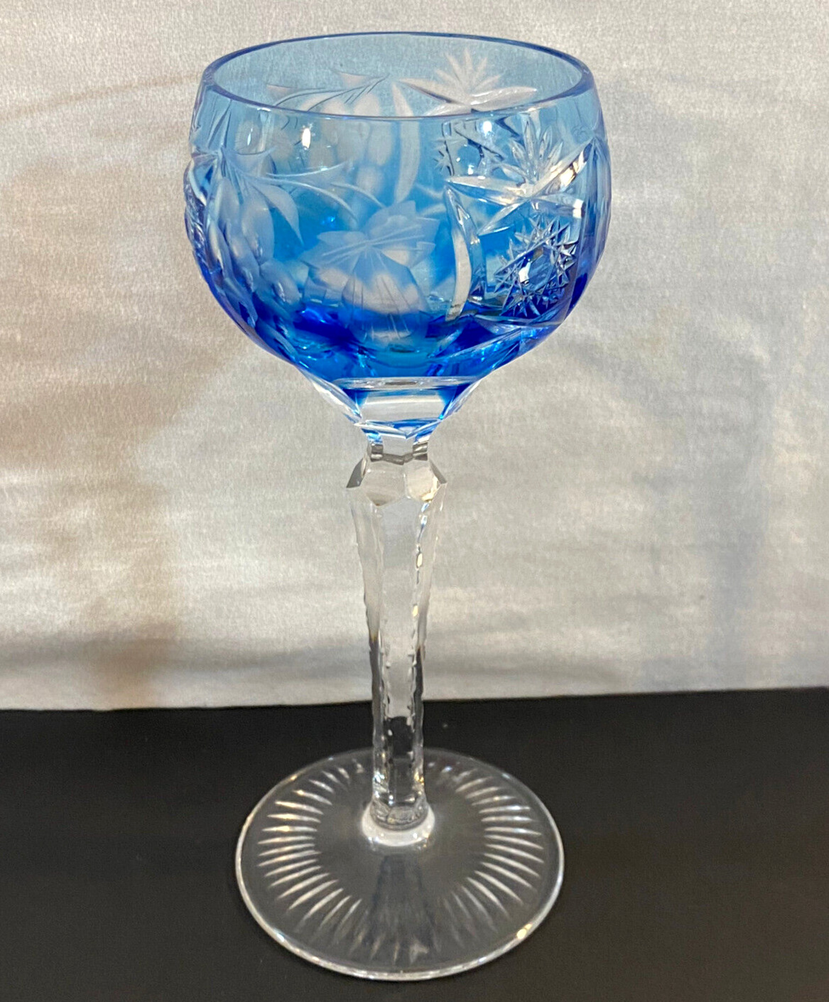 Ajka Marsala WIne Glass Light Blue Cut To Clear Crystal Bohemian Hungary